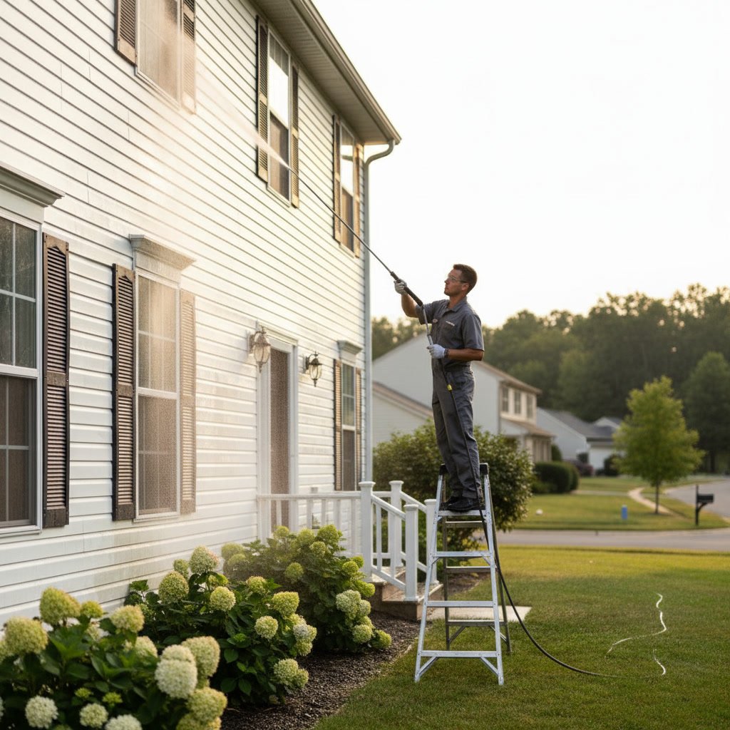 Technician soft washing home siding for exterior cleaning in Rockwall