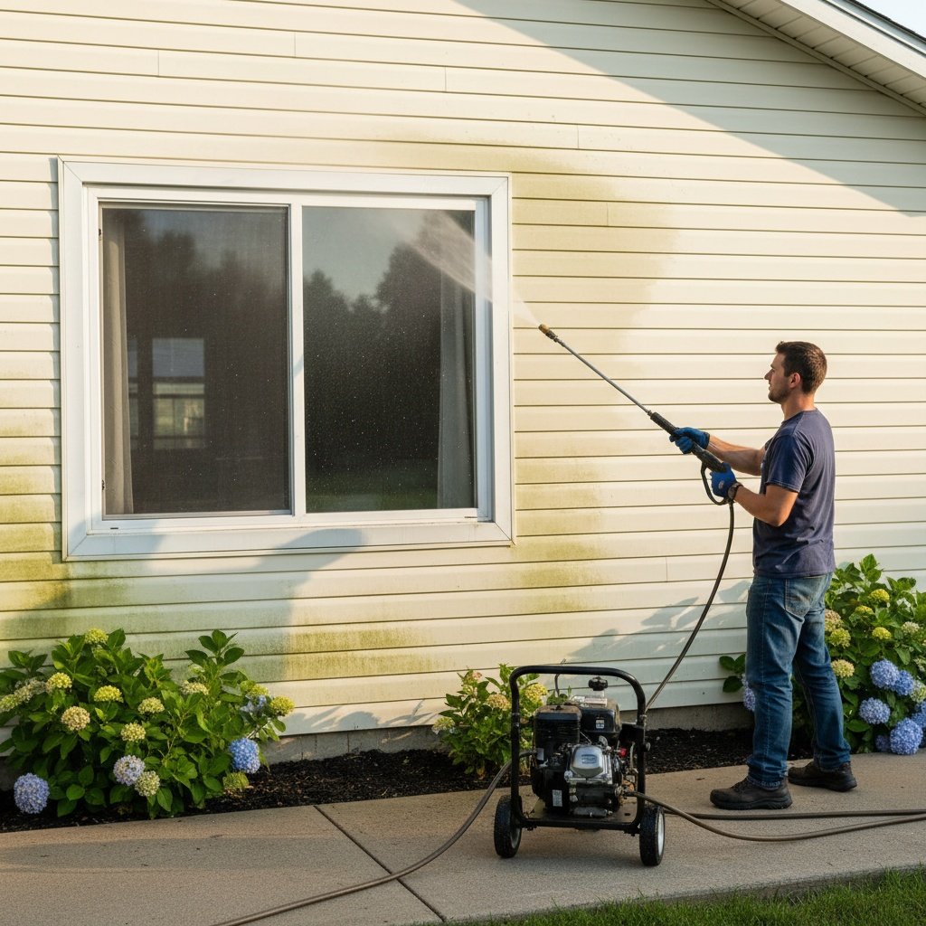 Pressure washing vinyl siding on Dallas home exterior near window