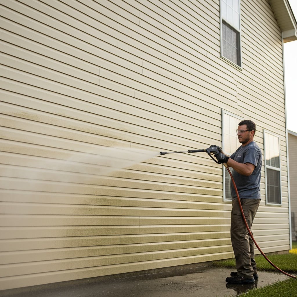 Technician pressure washing vinyl siding on Denton home exterior