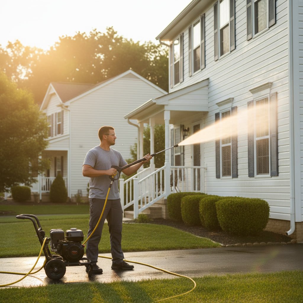 Technician pressure washing home siding for exterior cleaning in Allen TX