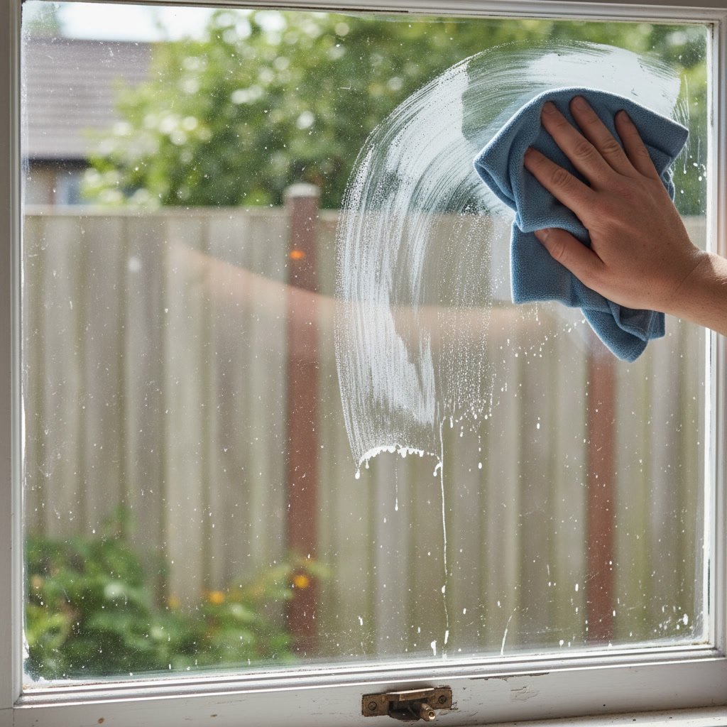 dirty residential windows with visible streaks and water spots