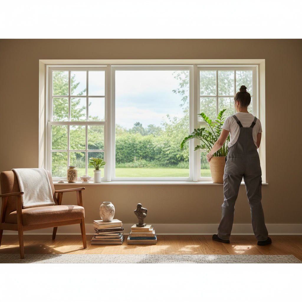 Homeowner preparing window area by moving furniture and decorations