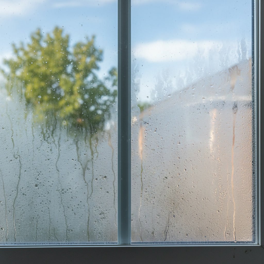 condensation between double-pane window glass indicating seal failure