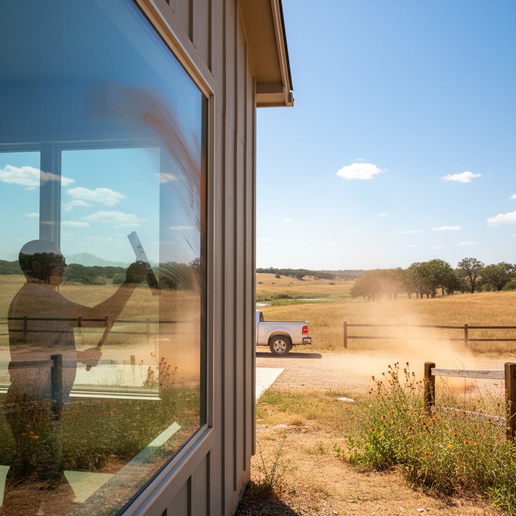 Exterior window cleaning service removing dirt and mineral deposits from glass