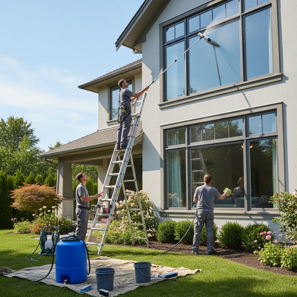 Professional using water-fed pole on second story windows
