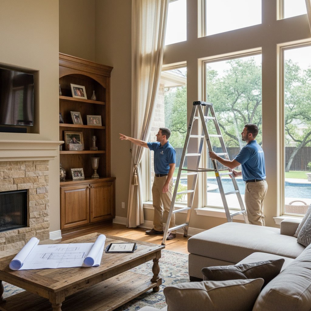 Professional window cleaner accessing second story windows safely