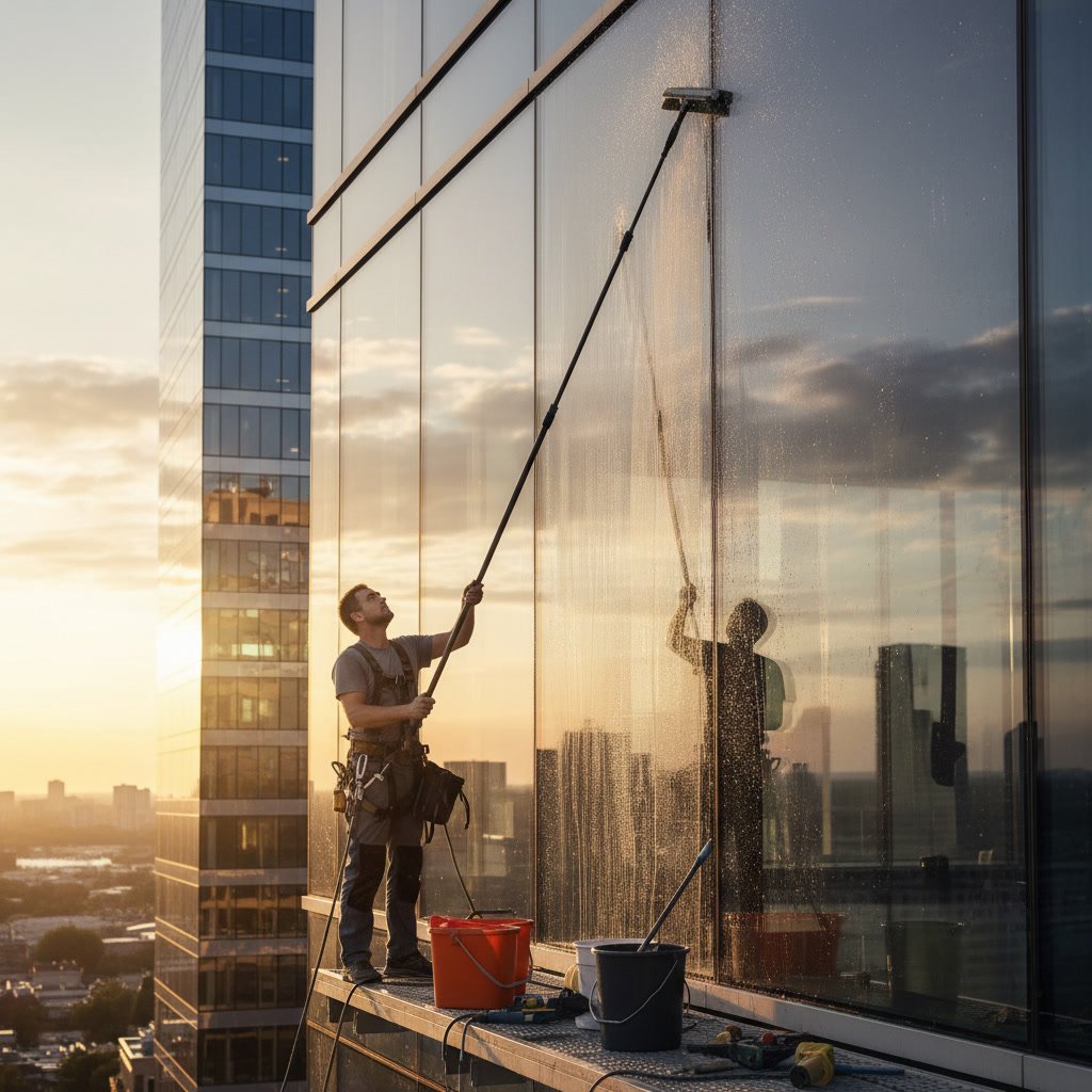 Professional window cleaner working on residential home exterior windows