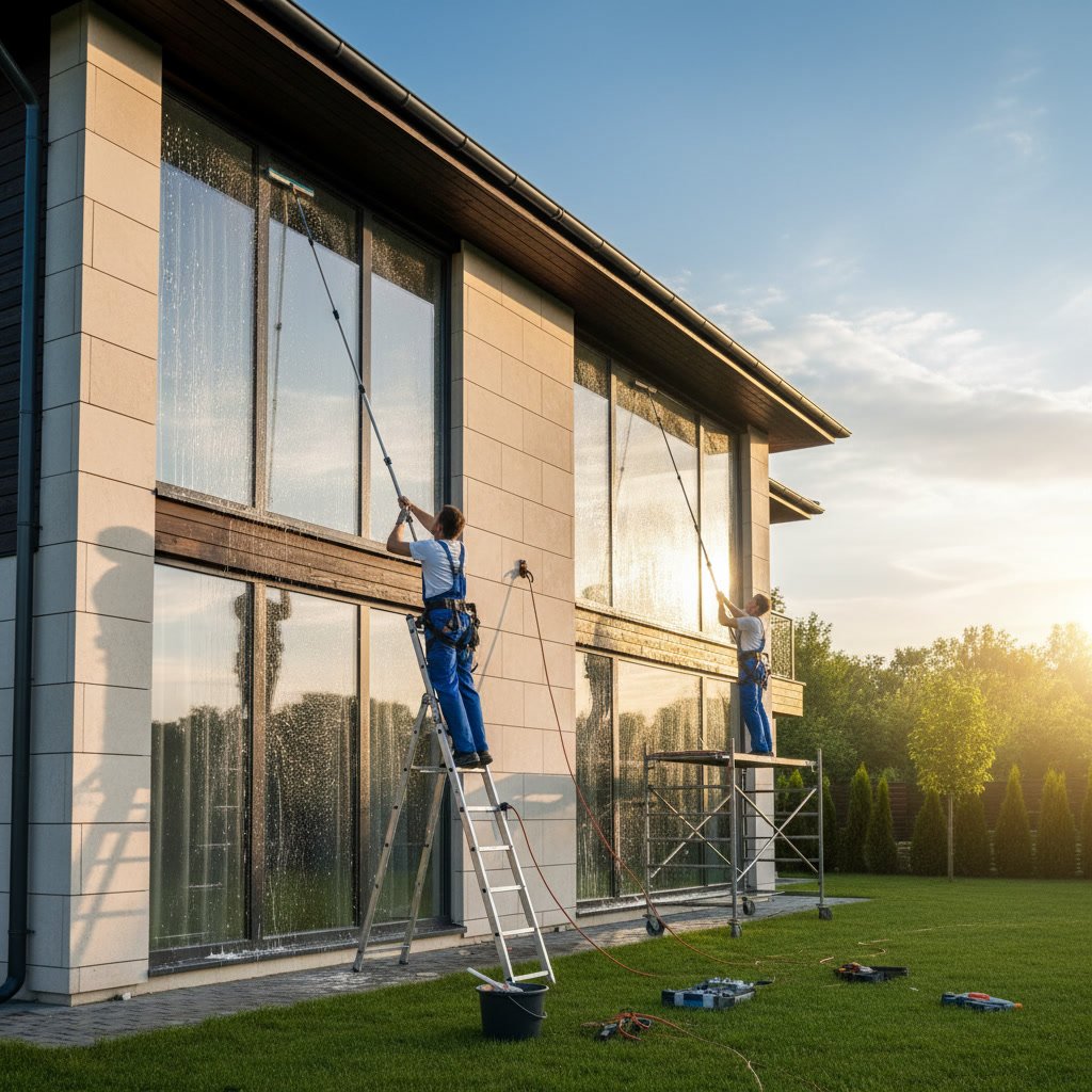 Professional cleaning second story windows on a two story home