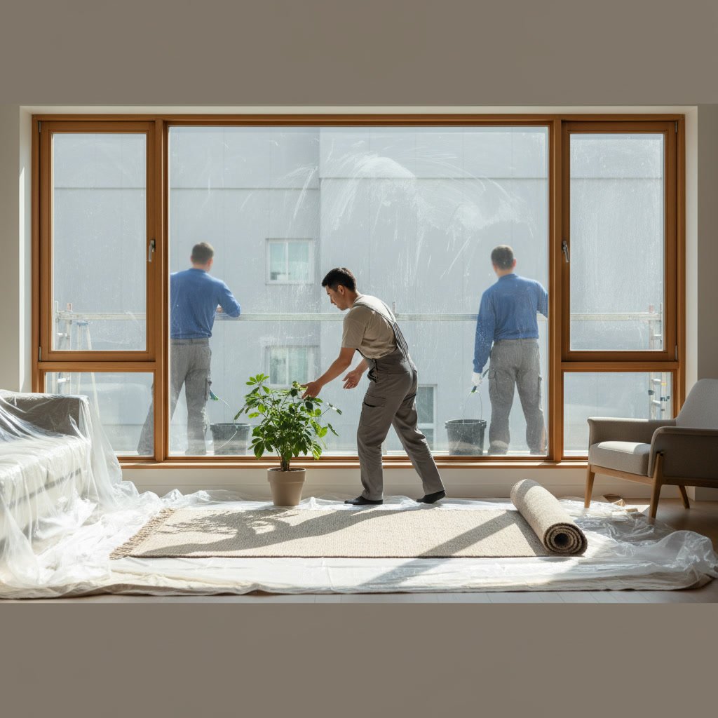 Professional window cleaner preparing to clean residential home windows