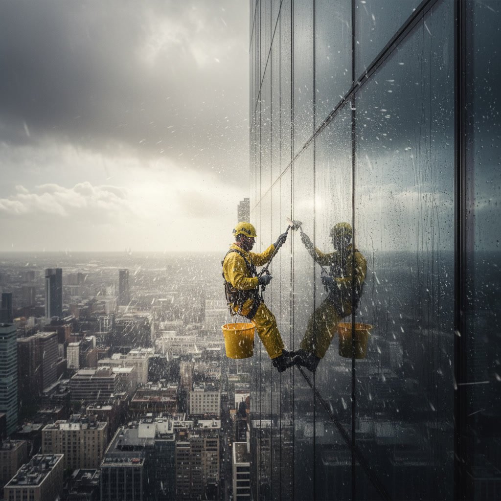 Professional window cleaner working in ideal weather conditions on residential home